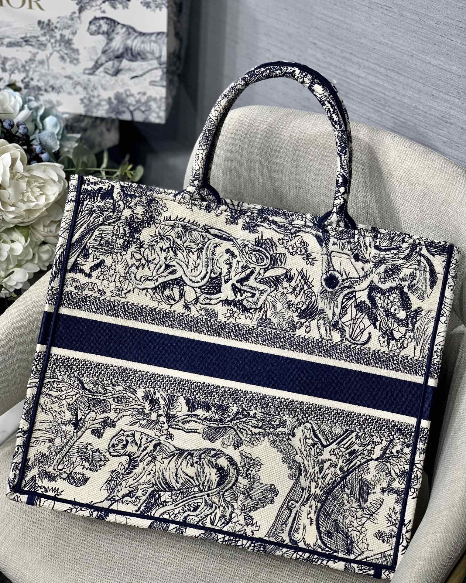 Dior Large Book Tote Ecru and Blue Toile de Jouy Embroidery