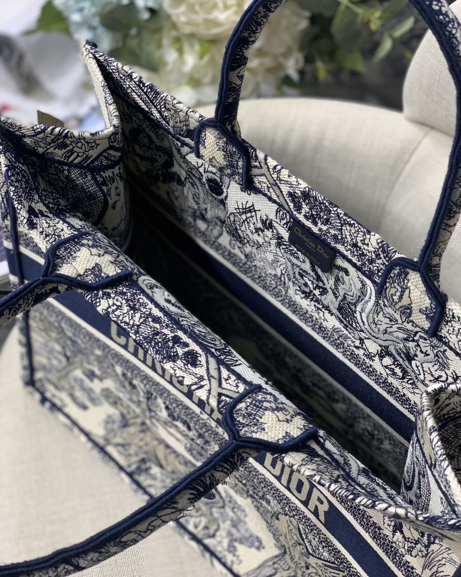 Dior Large Book Tote Ecru and Blue Toile de Jouy Embroidery