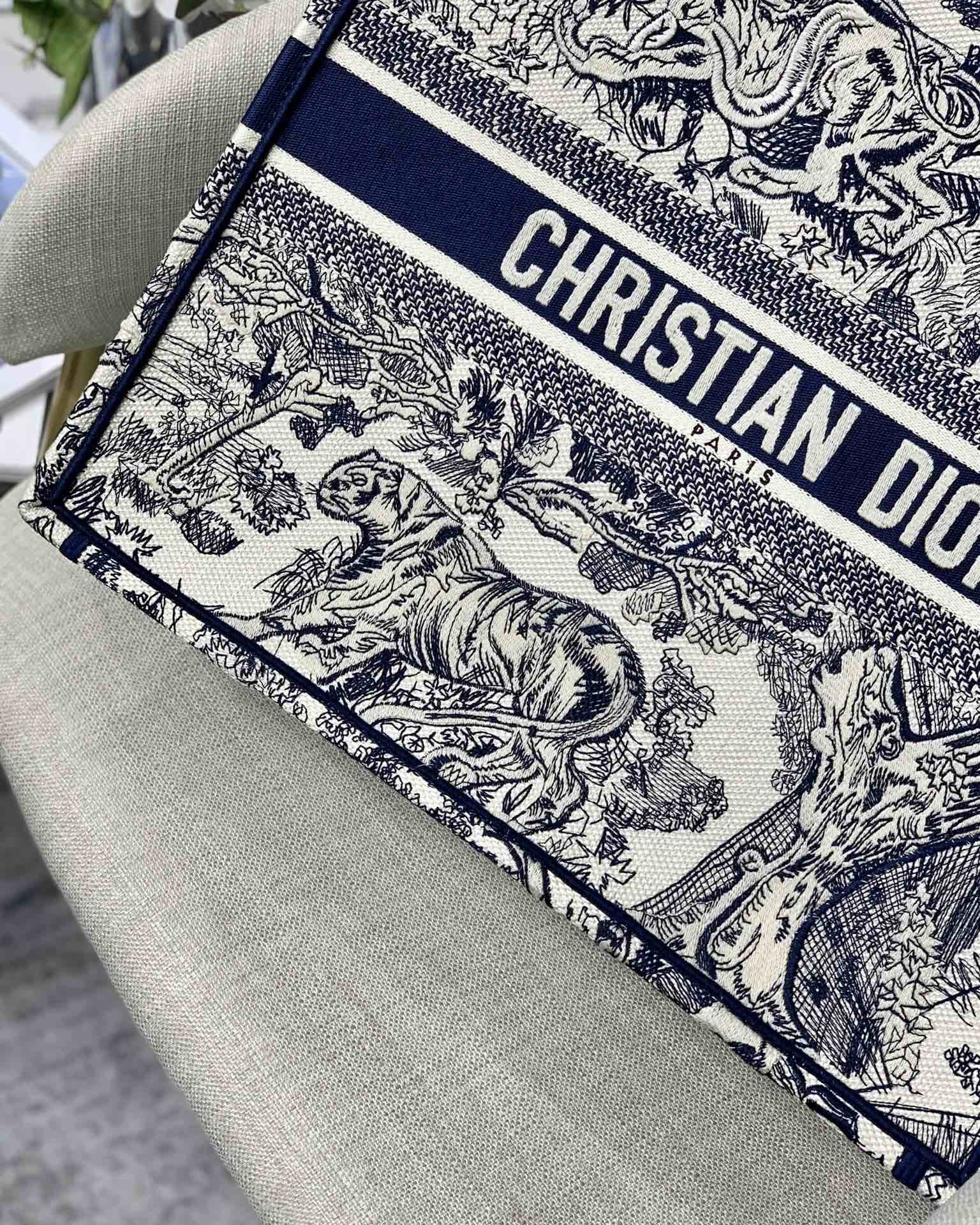 Dior Large Book Tote Ecru and Blue Toile de Jouy Embroidery