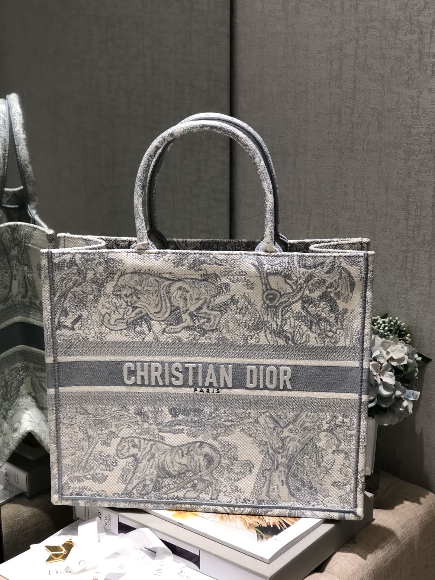 Dior Large Book Tote Ecru and Gray Toile de Jouy Embroidery