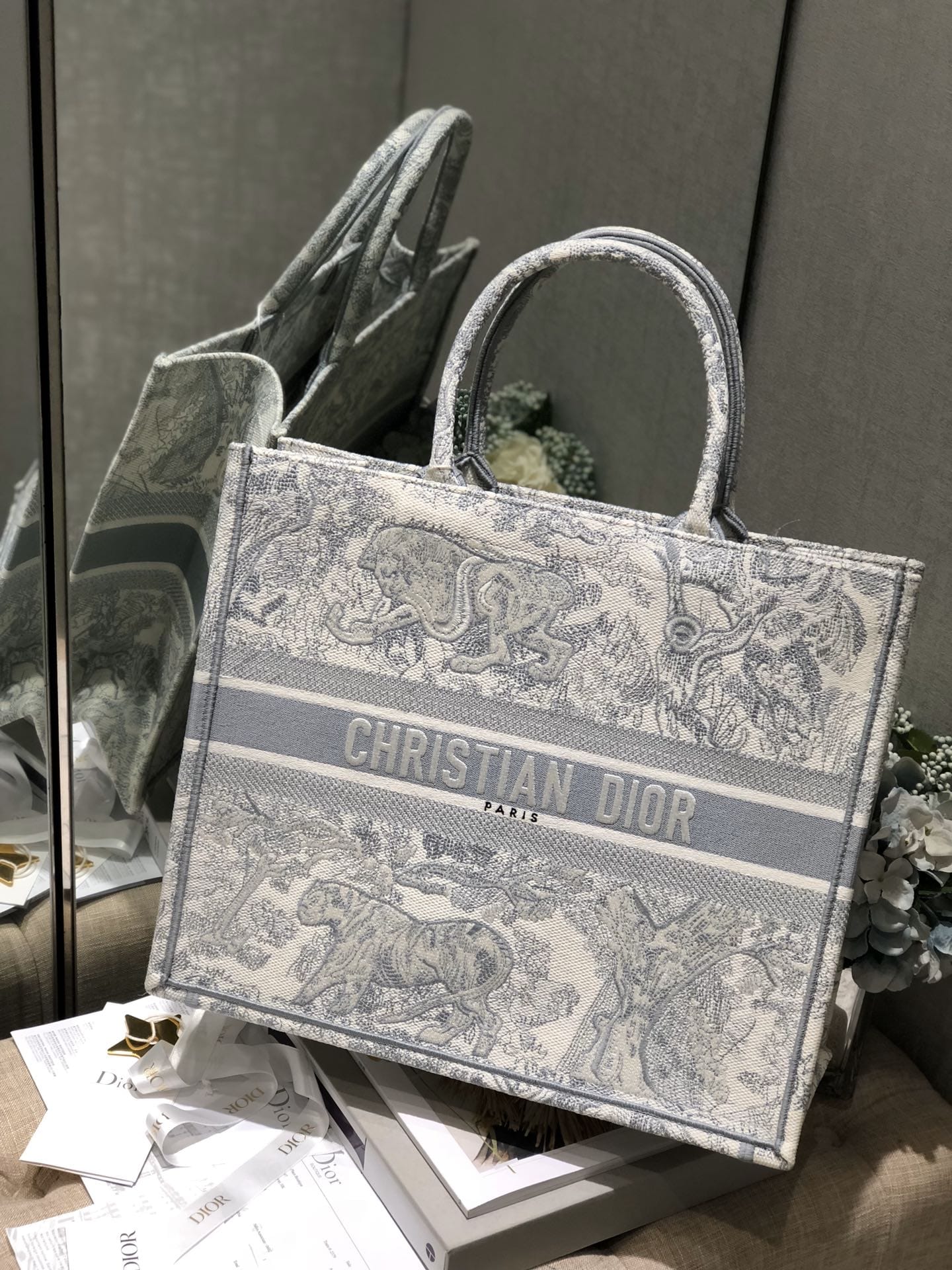 Dior Large Book Tote Ecru and Gray Toile de Jouy Embroidery