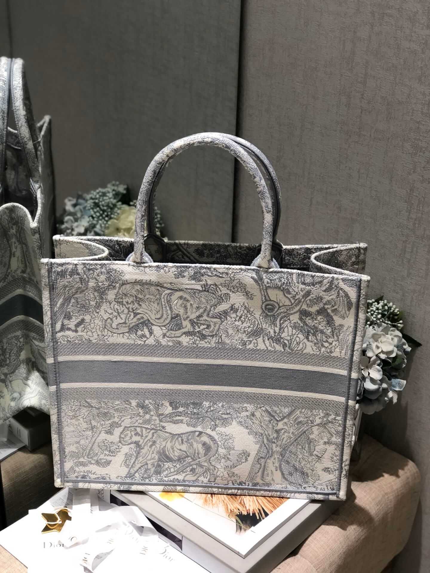 Dior Large Book Tote Ecru and Gray Toile de Jouy Embroidery