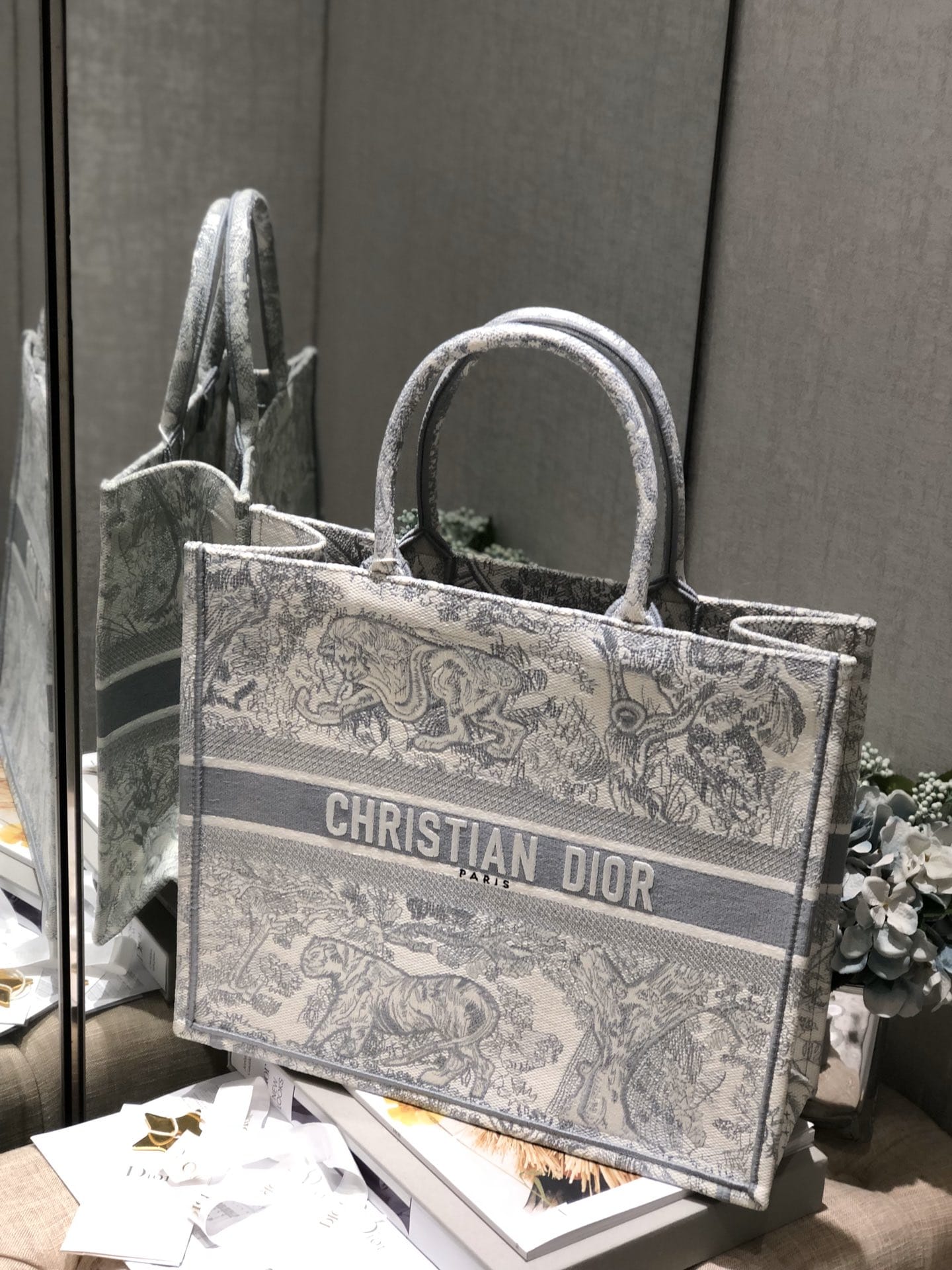 Dior Large Book Tote Ecru and Gray Toile de Jouy Embroidery