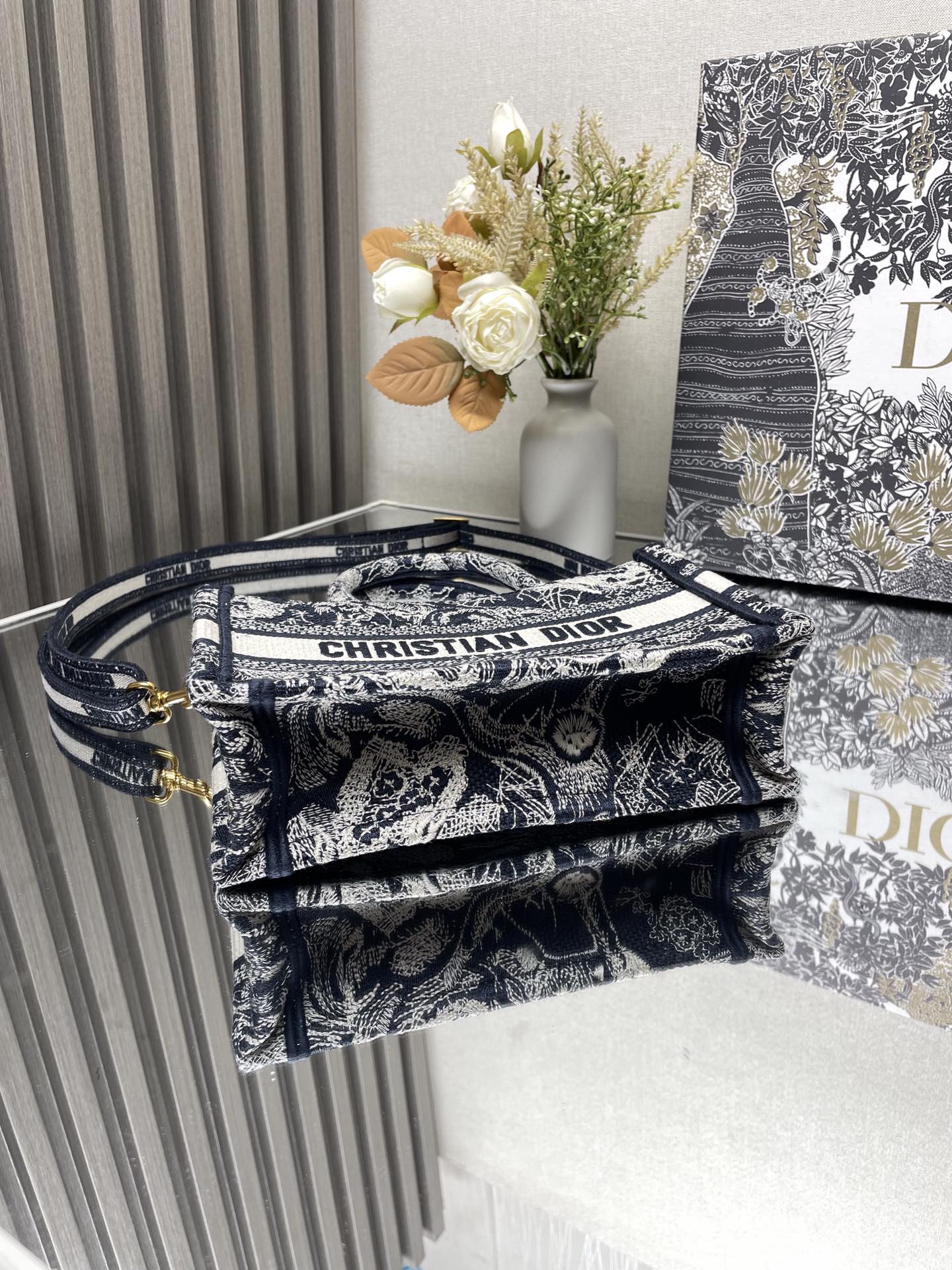 Dior Mini Book Tote Blue Toile de Jouy Embroidery