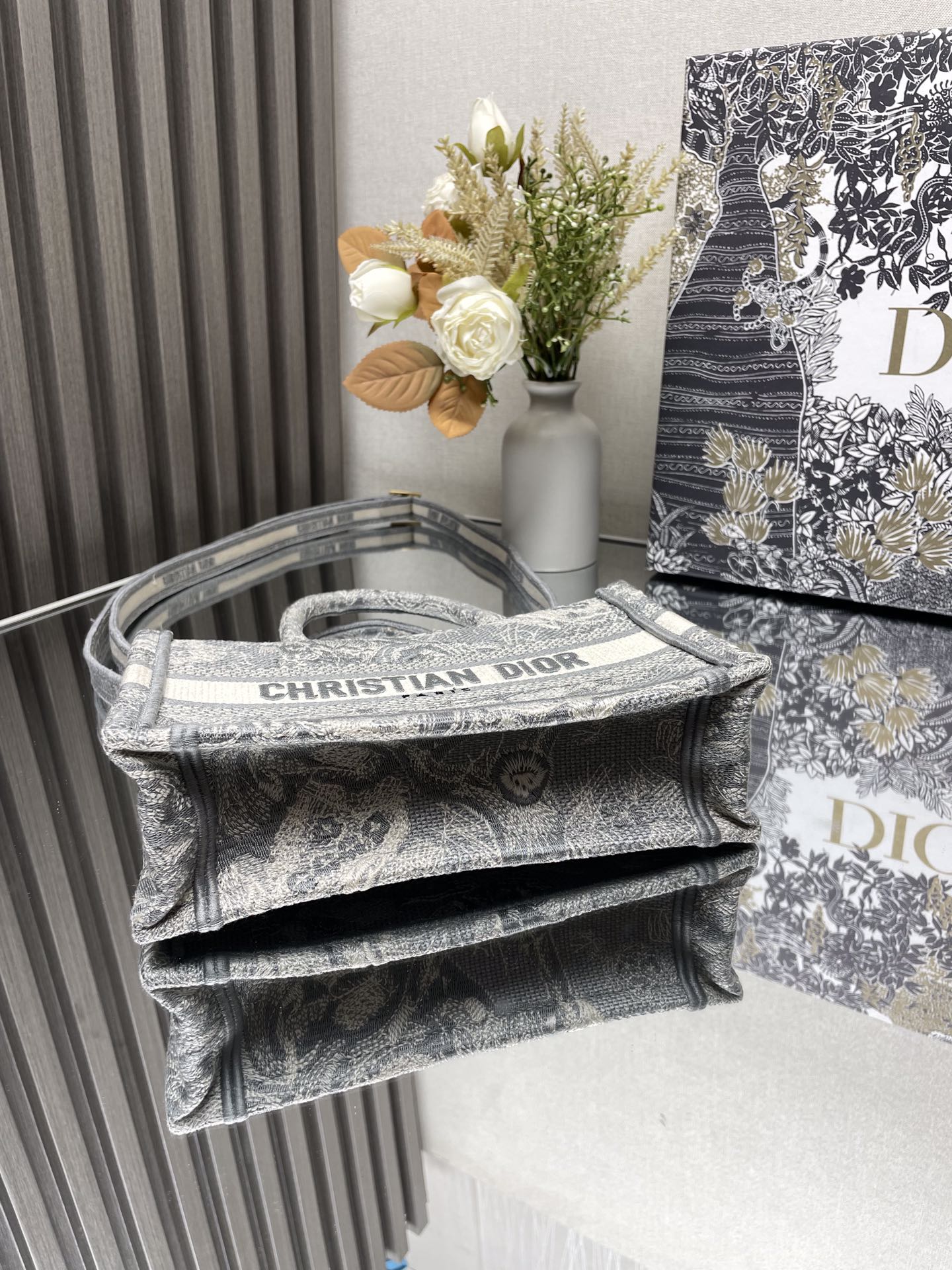 Dior Mini Book Tote Gray Toile de Jouy Embroidery