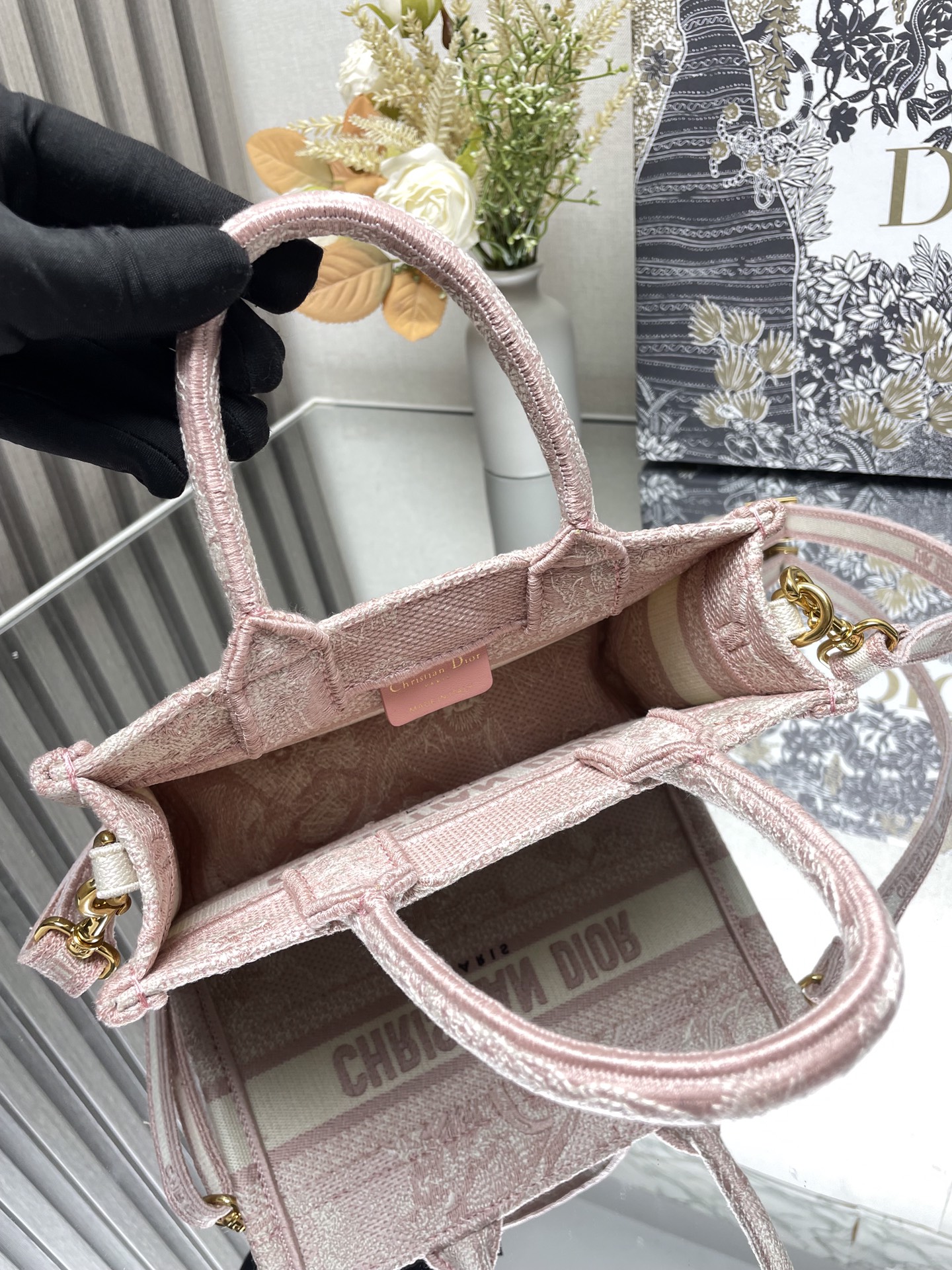 Dior Mini Book Tote Pink Toile de Jouy Embroidery