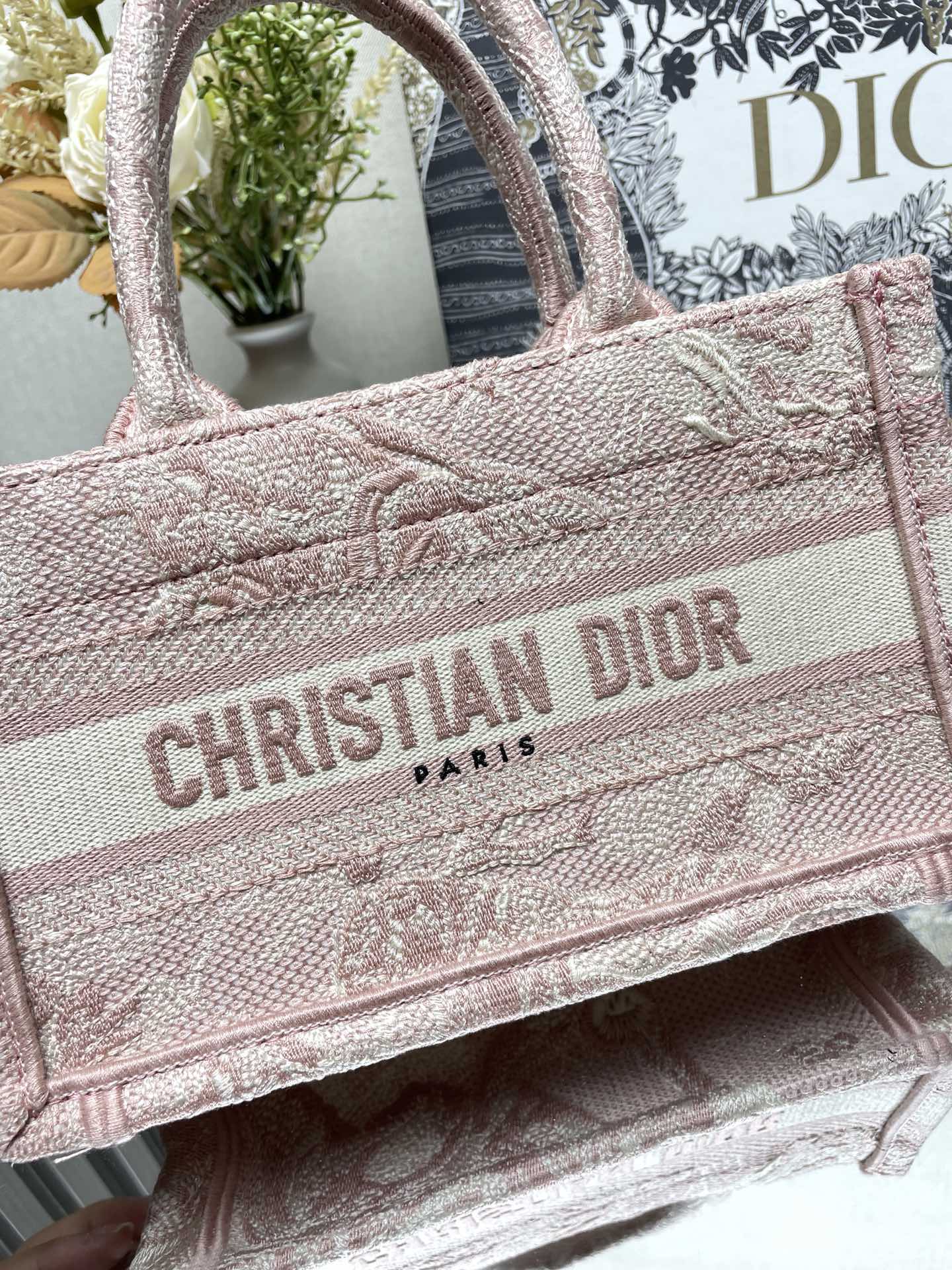 Dior Mini Book Tote Pink Toile de Jouy Embroidery