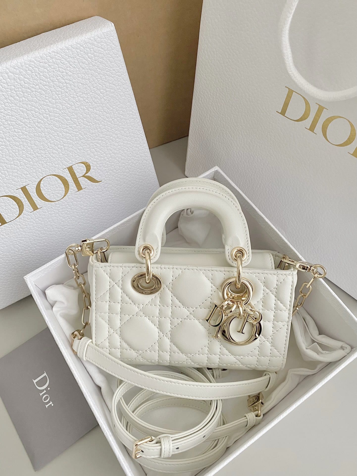 Dior Micro Lady D-Joy Bag in Cannage Lambskin - Latte