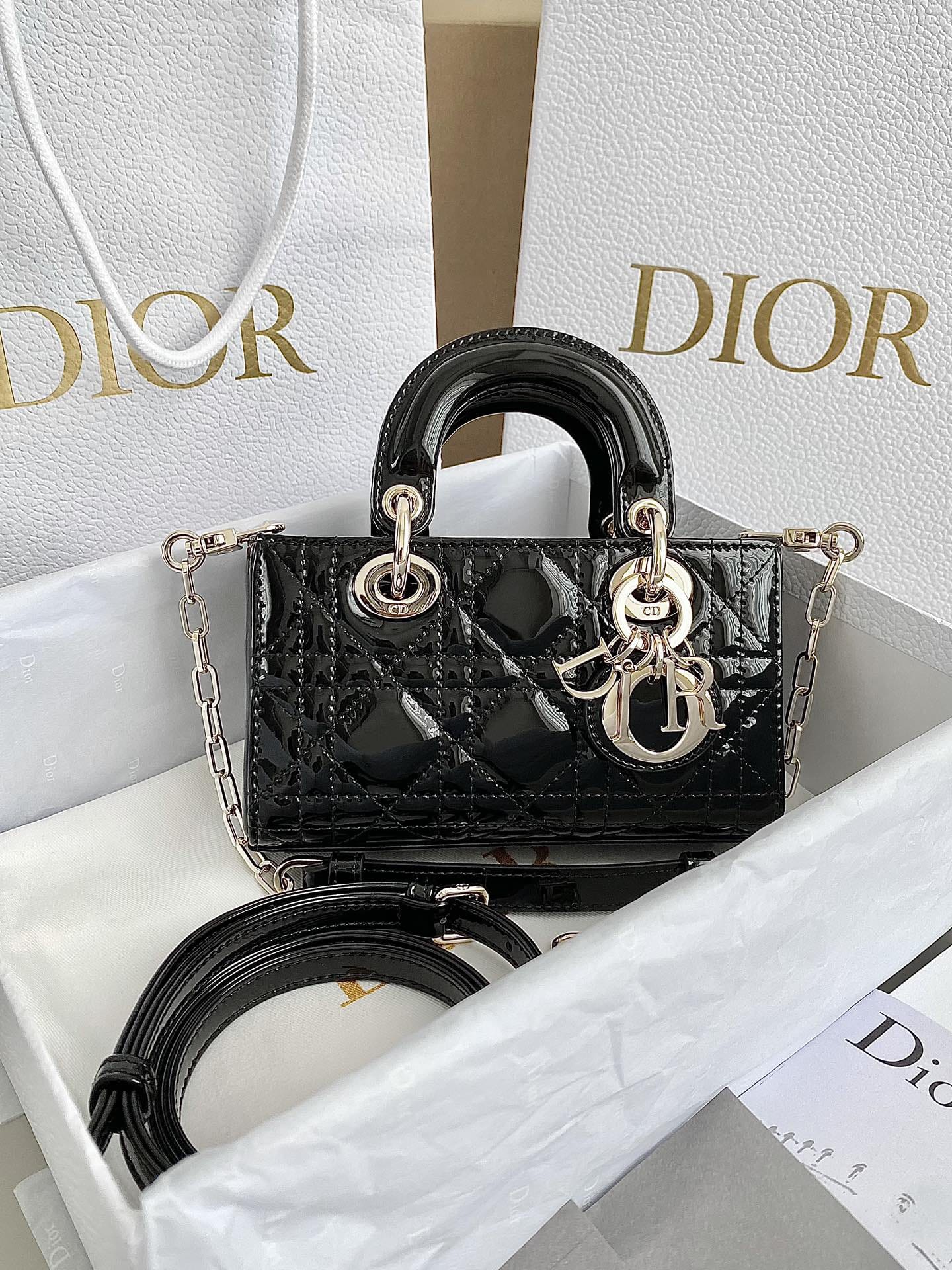 Dior Micro Lady D-Joy Bag in Patent Cannage Calfskin - Black 