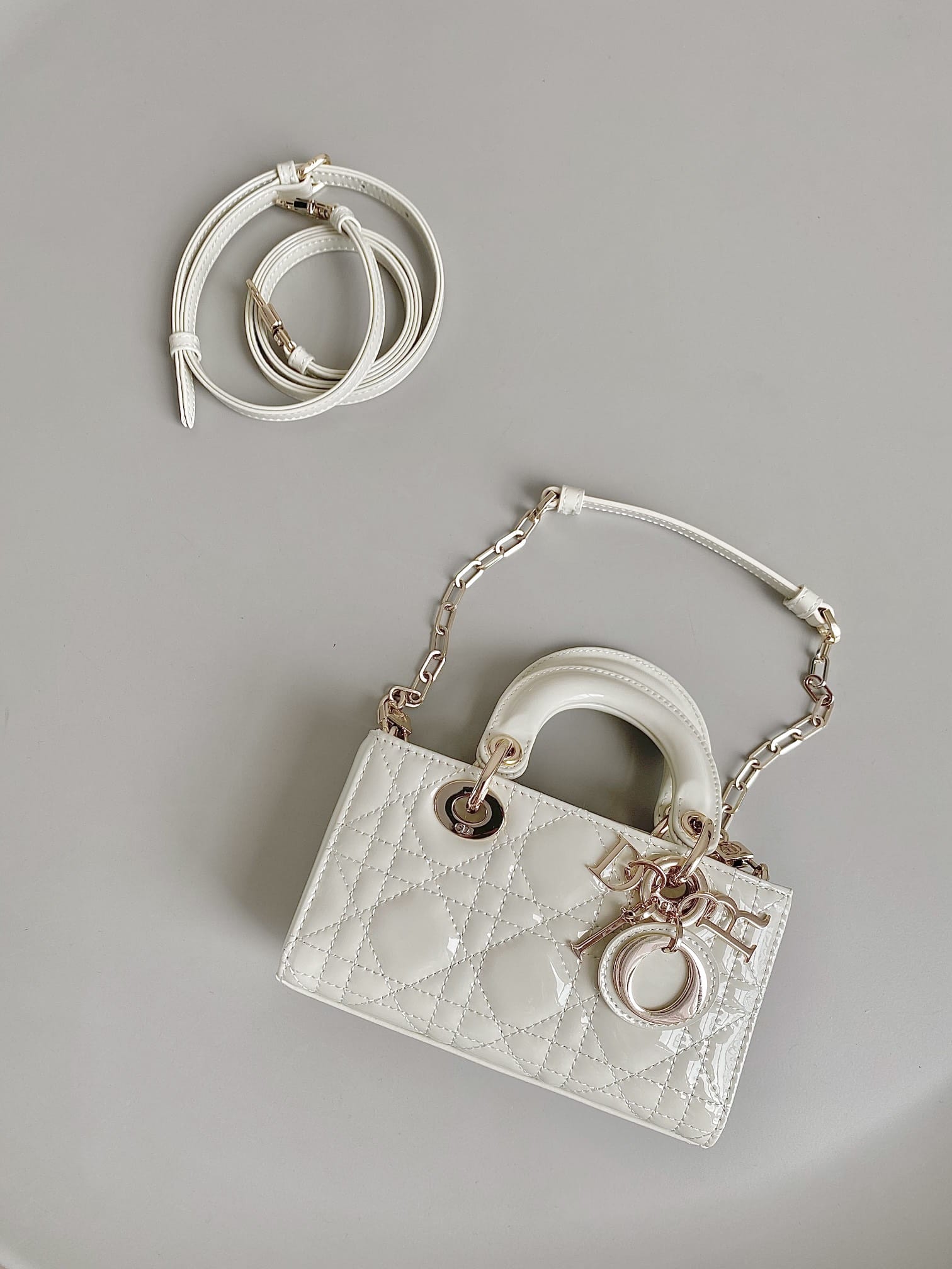 Dior Micro Lady D-Joy Bag in Patent Cannage Calfskin - Latte