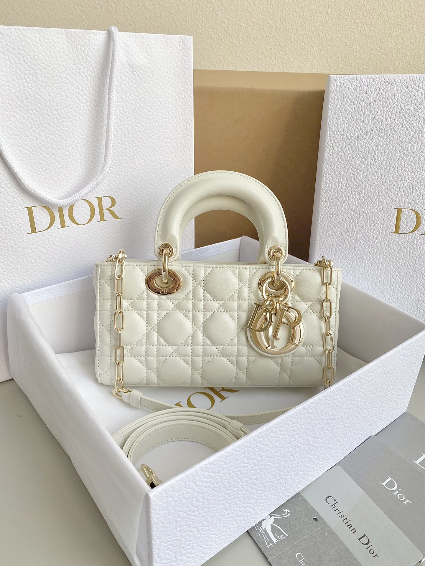 Dior Small Lady D-Joy Bag in Cannage Lambskin - Latte