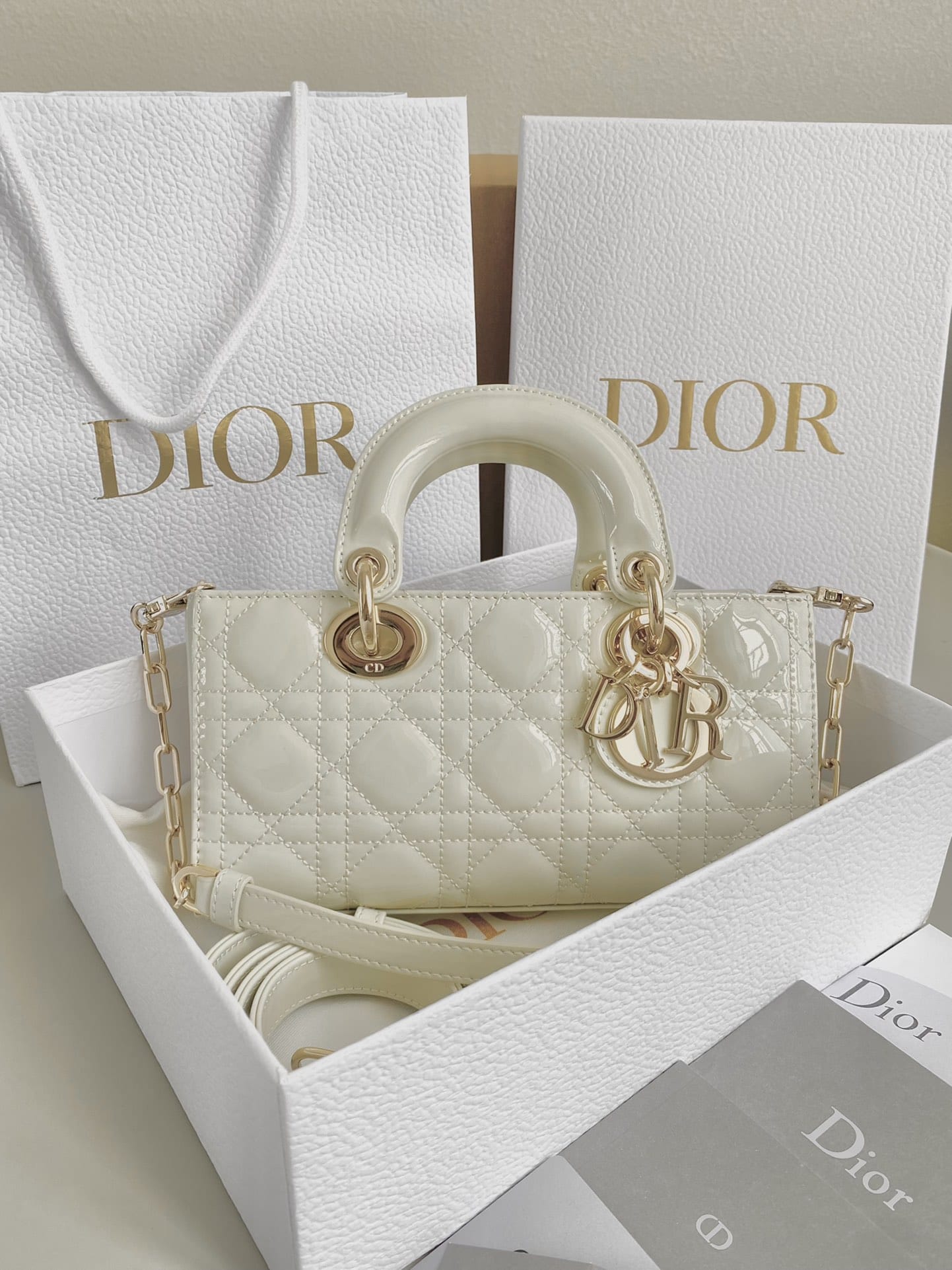 Dior Small Lady D-Joy Bag in Patent Cannage Calfskin - Latte