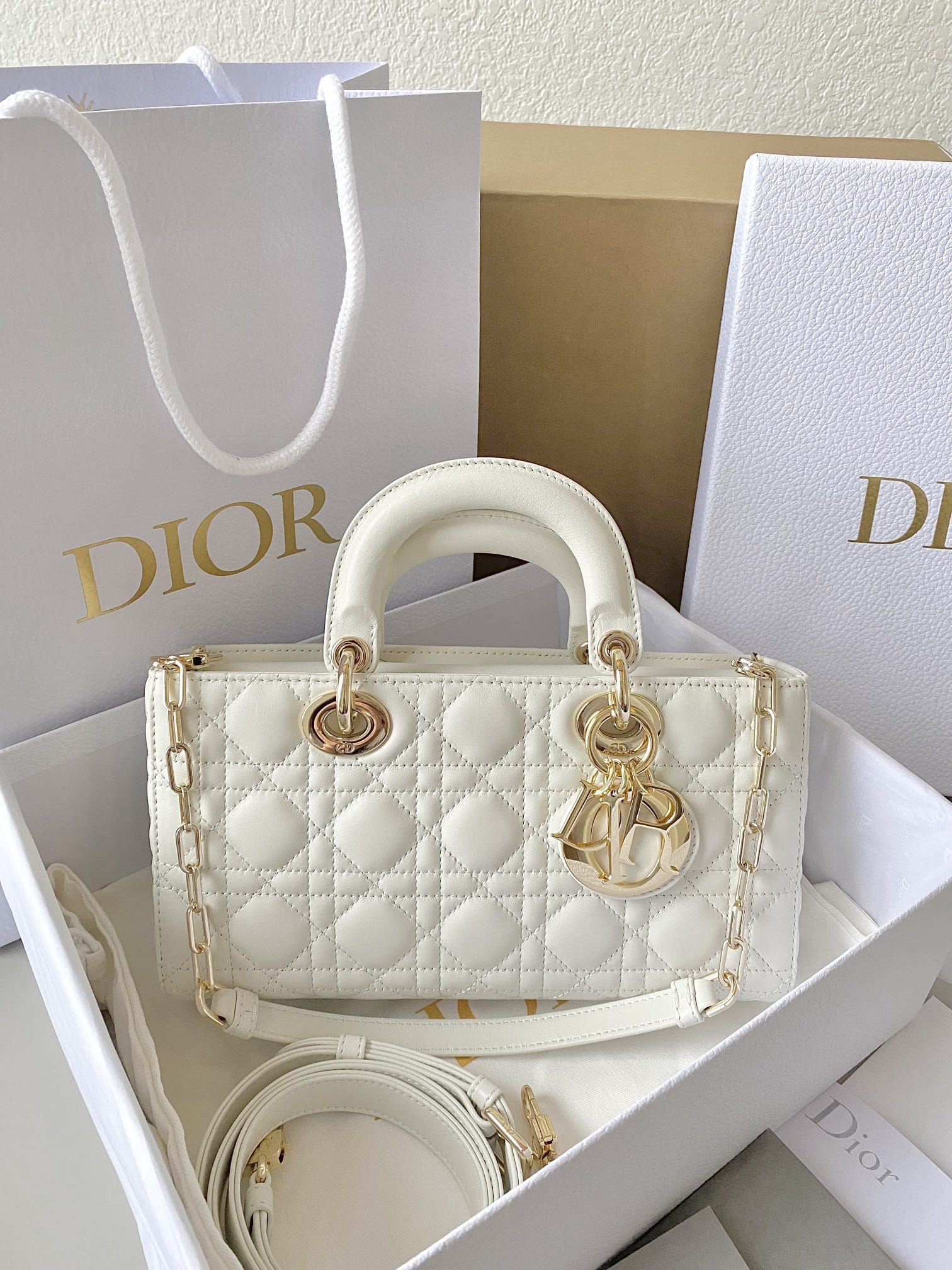 Dior Medium Lady D-Joy Bag in Cannage Lambskin - Latte