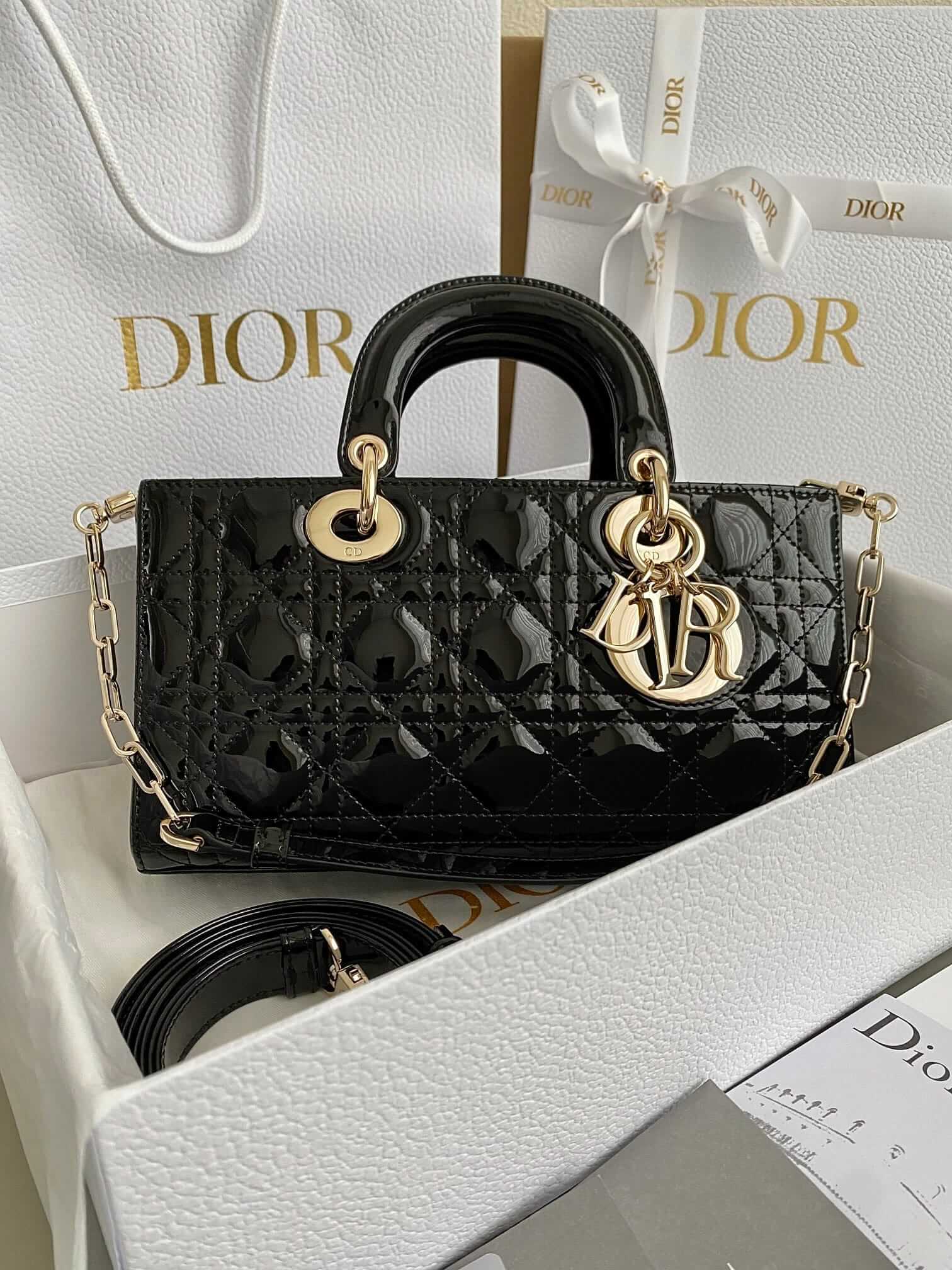 Dior Medium Lady D-Joy Bag in Patent Cannage Calfskin - Black