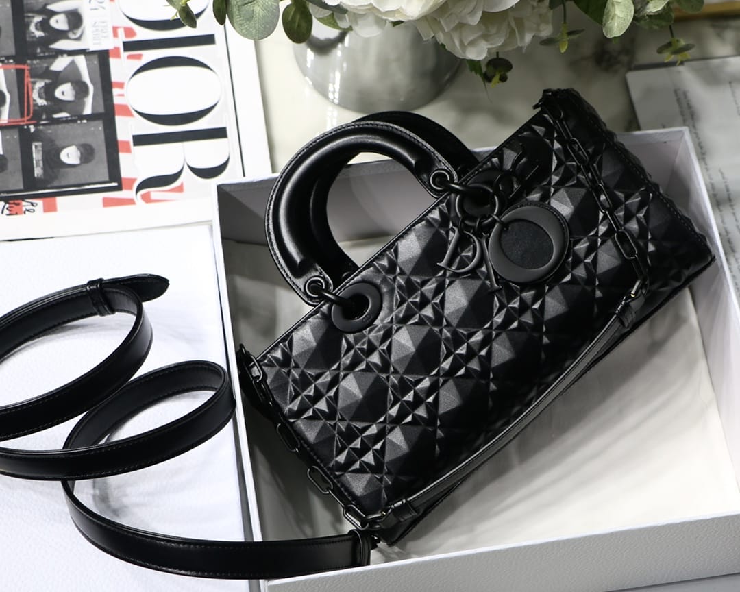 Dior Medium Lady D-Joy Bag in Diamond Motif Cannage Calfskin - Ultramatte Black 