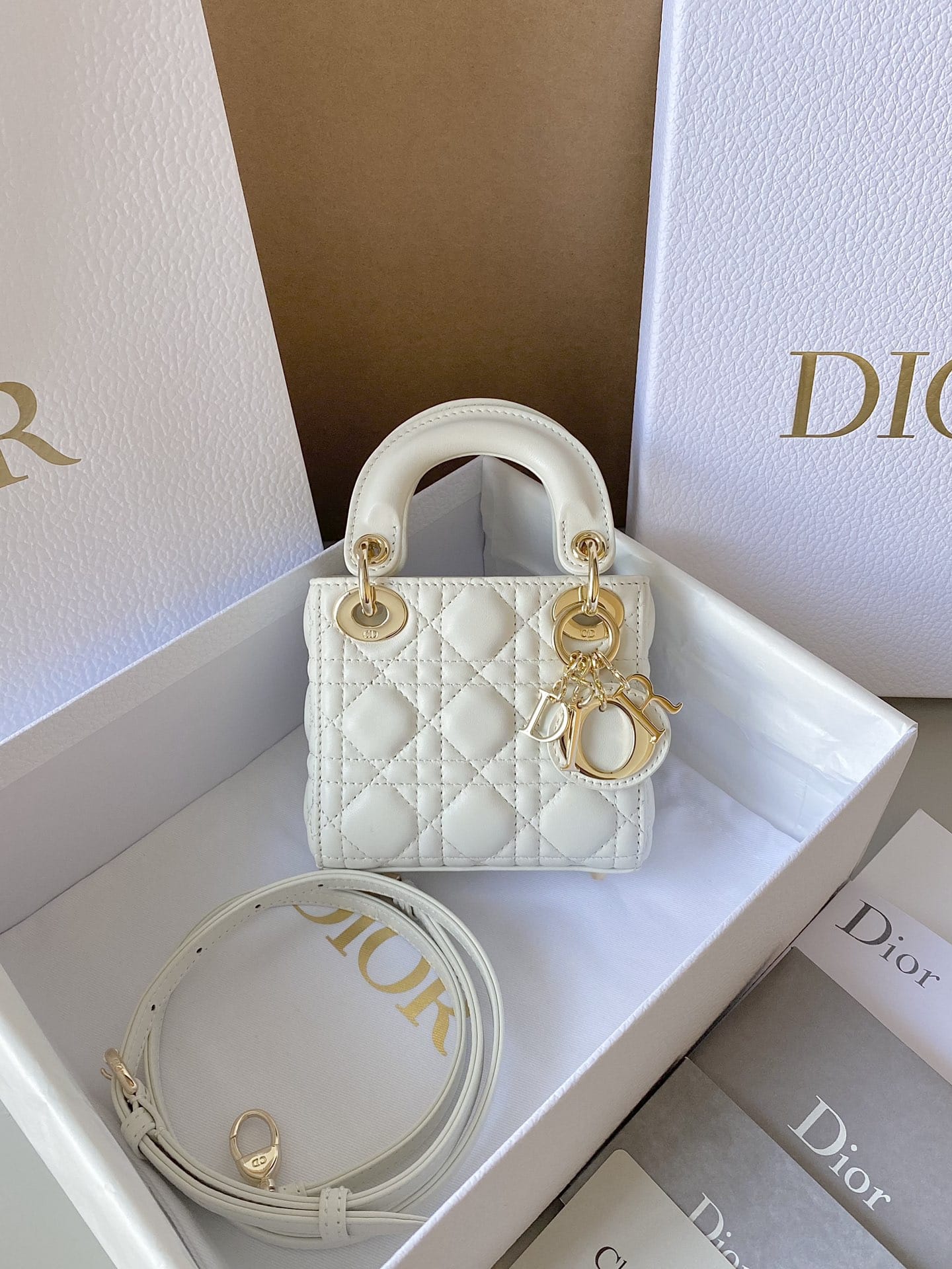 Dior Micro Lady Dior Bag in Cannage Lambskin - Latte