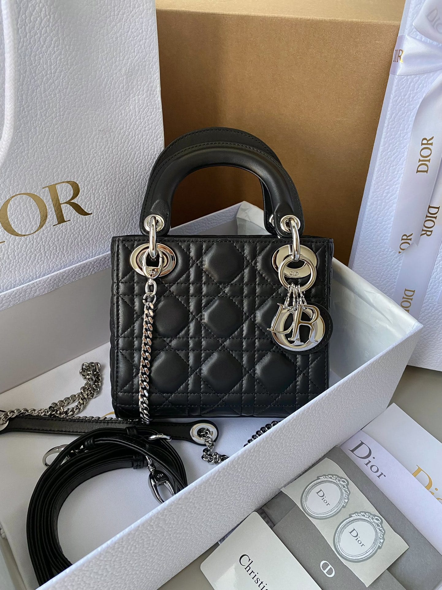 Dior Mini Lady Dior Bag in Cannage Lambskin - Black & Silver