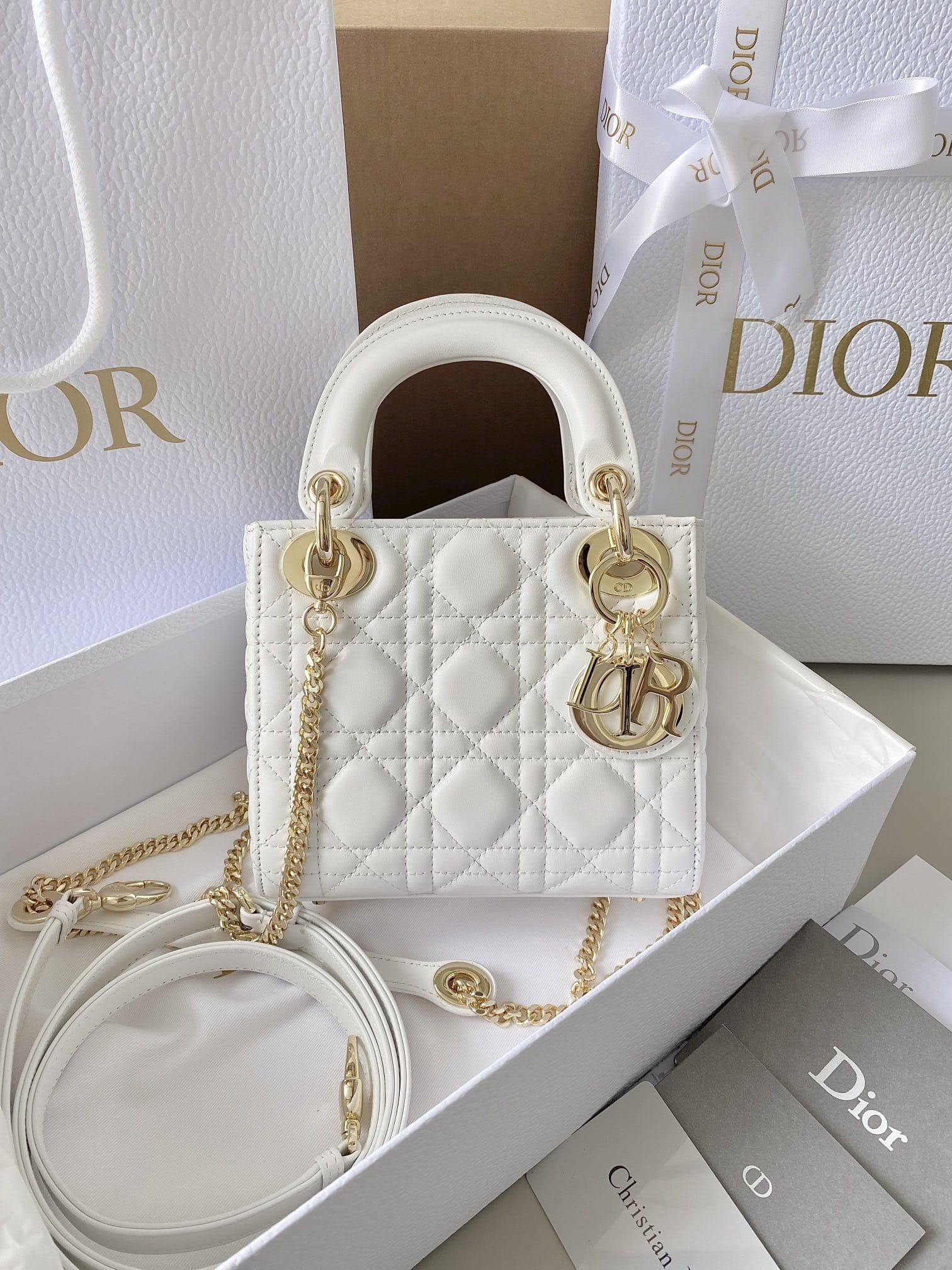 Dior Mini Lady Dior Bag in Cannage Lambskin - Latte