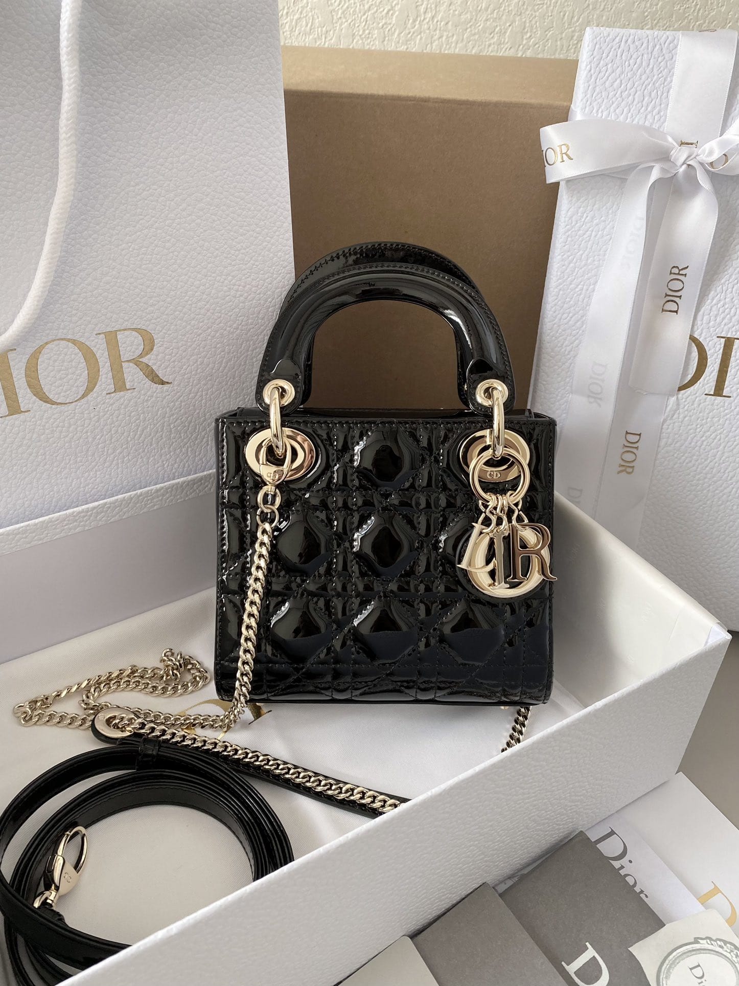 Dior Mini Lady Dior Bag in Patent Cannage Calfskin - Black