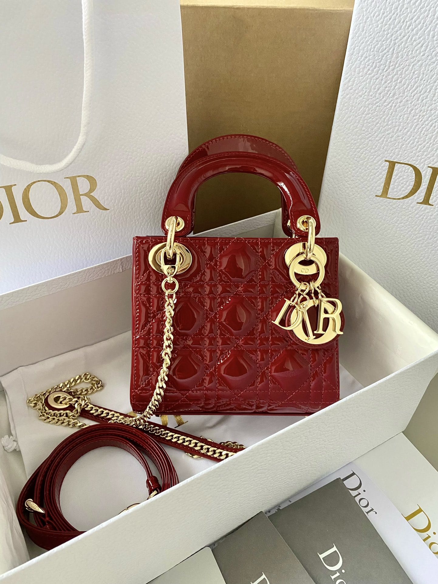 Dior Mini Lady Dior Bag in Patent Cannage Calfskin - Cherry Red