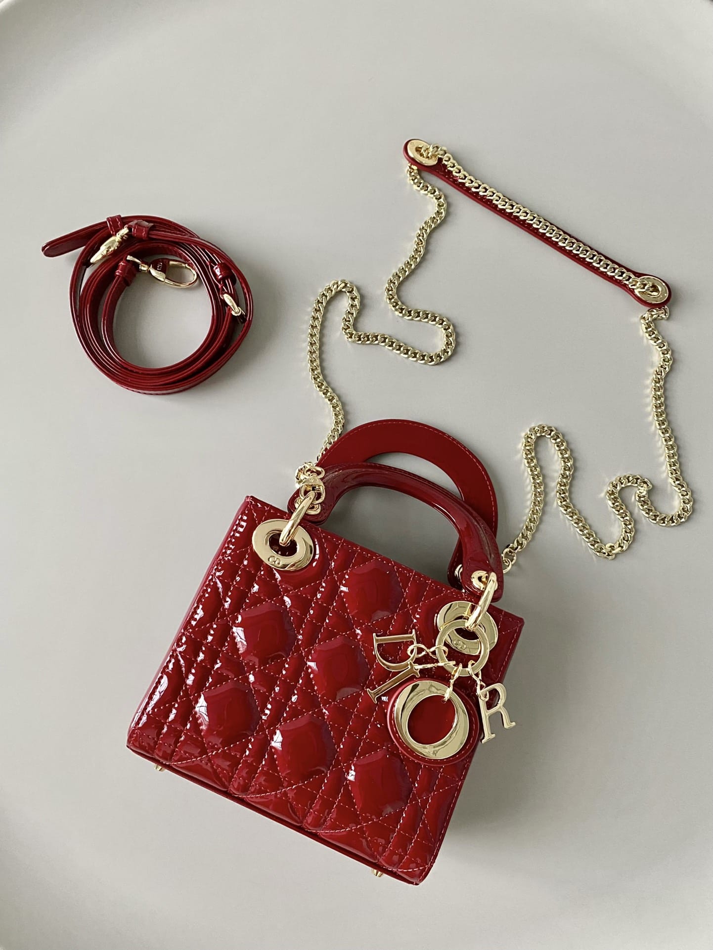 Dior Mini Lady Dior Bag in Patent Cannage Calfskin - Cherry Red