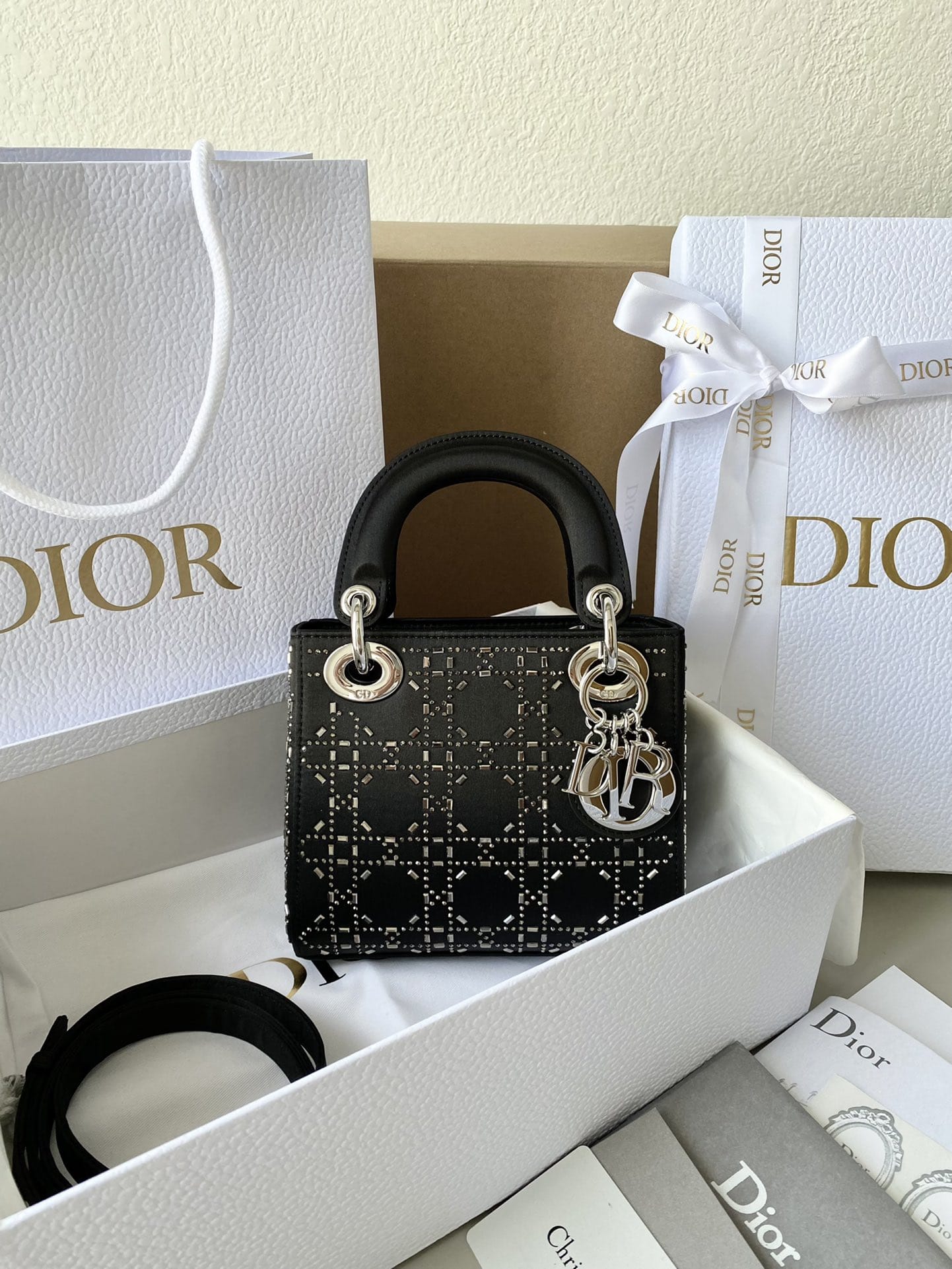 Dior Mini Lady Dior Bag in Strass Cannage Satin - Black