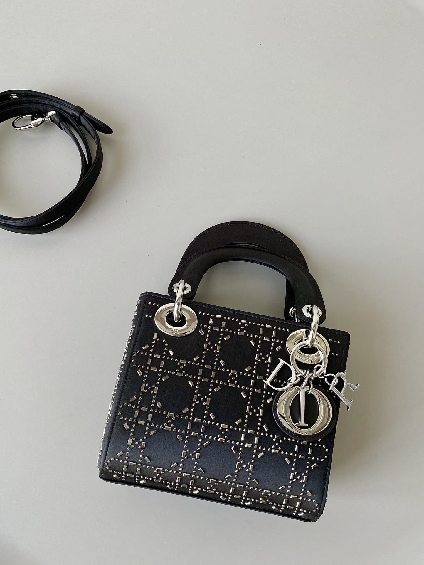 Dior Mini Lady Dior Bag in Strass Cannage Satin - Black