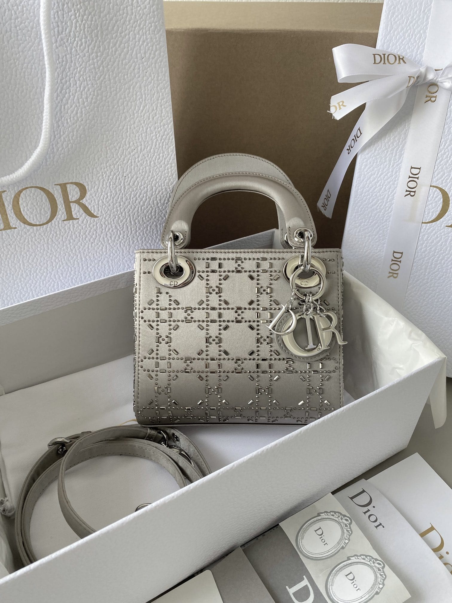 Dior Mini Lady Dior Bag in Strass Cannage Satin - Gray