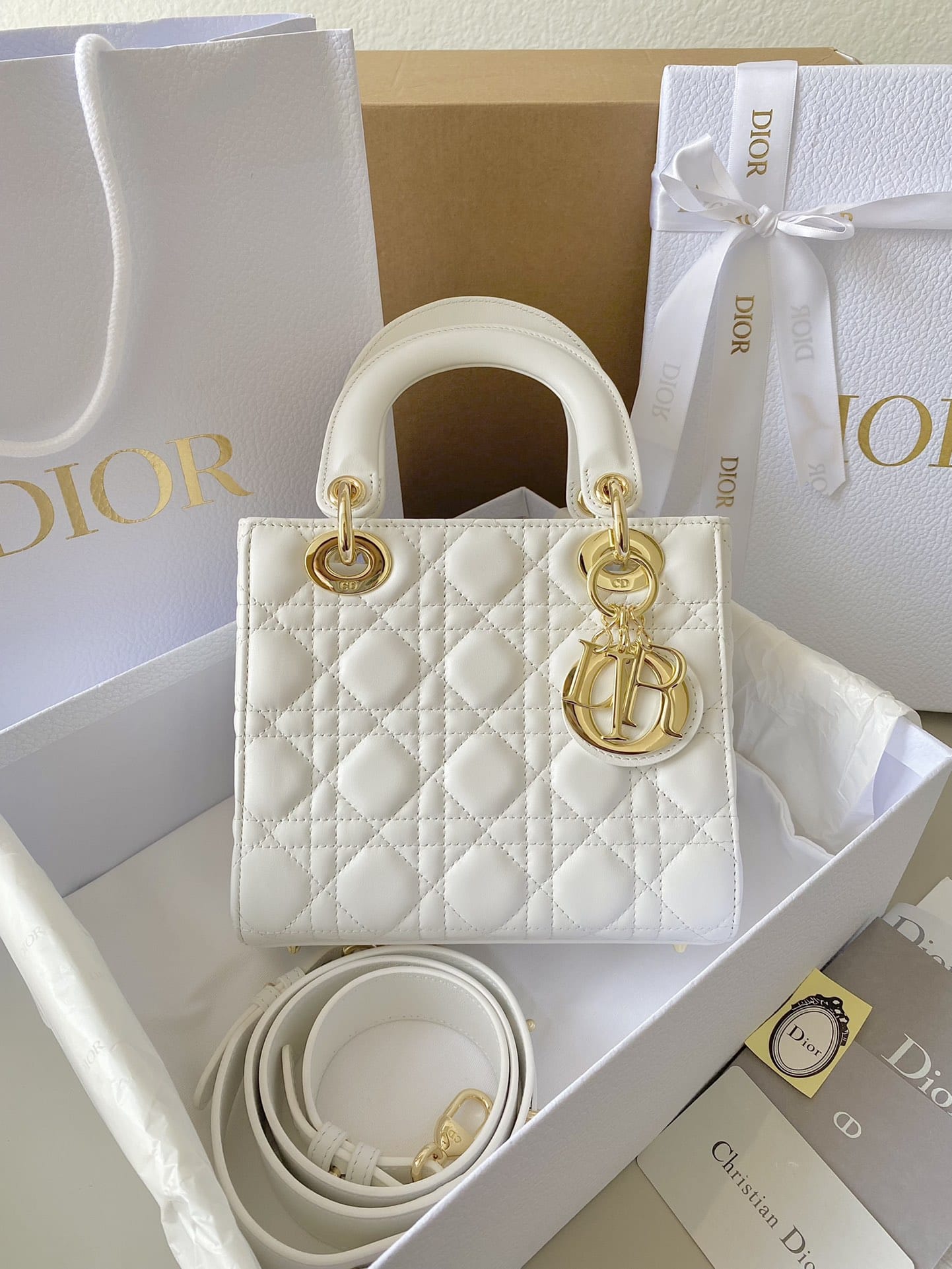 Dior Small Lady Dior Bag in Cannage Lambskin - Latte