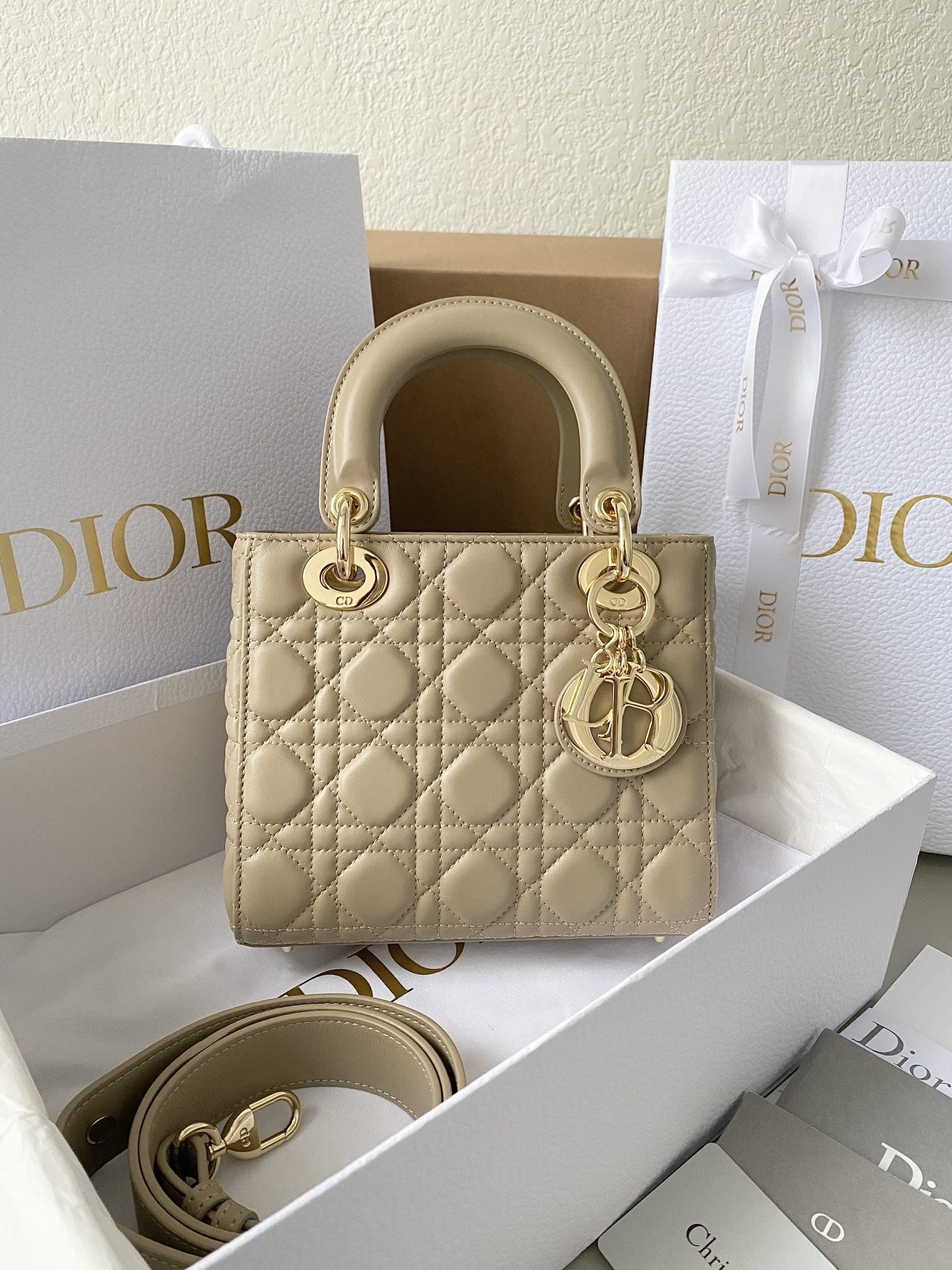 Dior Small Lady Dior Bag in Cannage Lambskin - Sand Colored