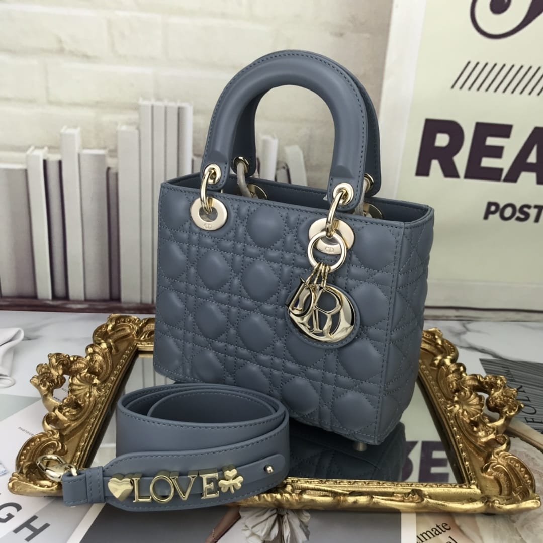 Dior Small Lady Dior Bag in Cannage Lambskin - Denim Blue