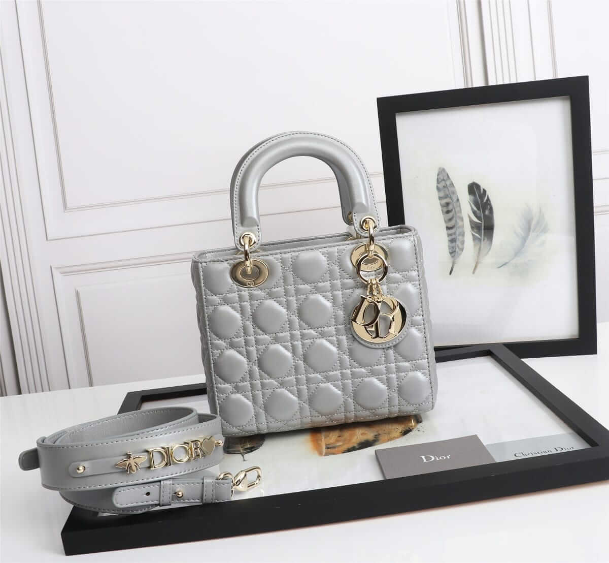 Dior Small Lady Dior Bag in Cannage Lambskin - Stone Gray