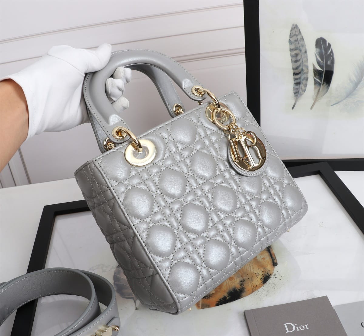 Dior Small Lady Dior Bag in Cannage Lambskin - Stone Gray