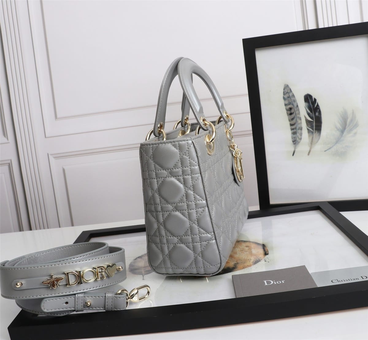 Dior Small Lady Dior Bag in Cannage Lambskin - Stone Gray