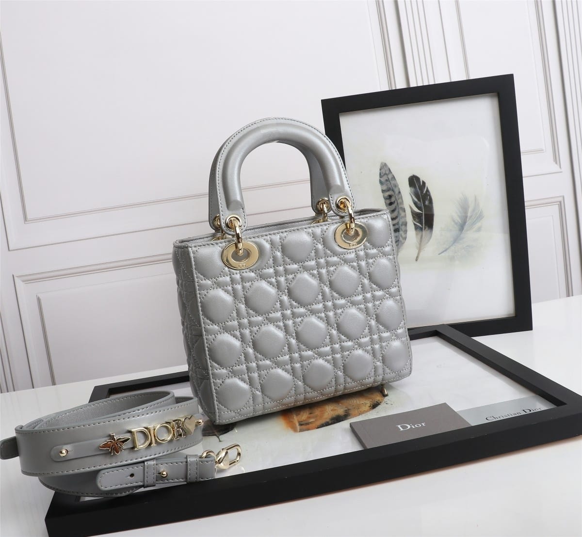 Dior Small Lady Dior Bag in Cannage Lambskin - Stone Gray