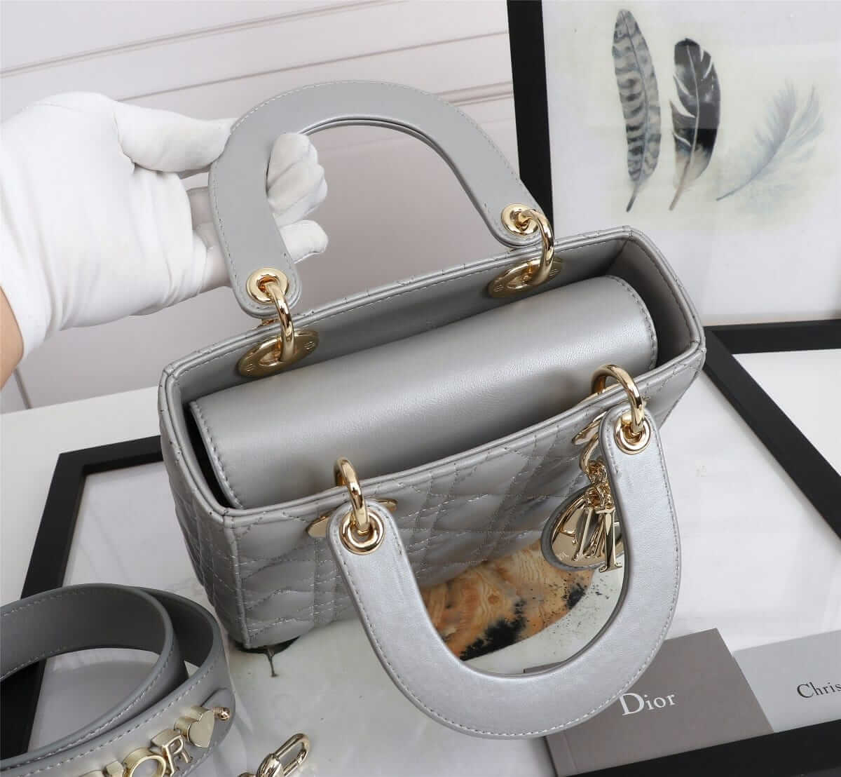 Dior Small Lady Dior Bag in Cannage Lambskin - Stone Gray