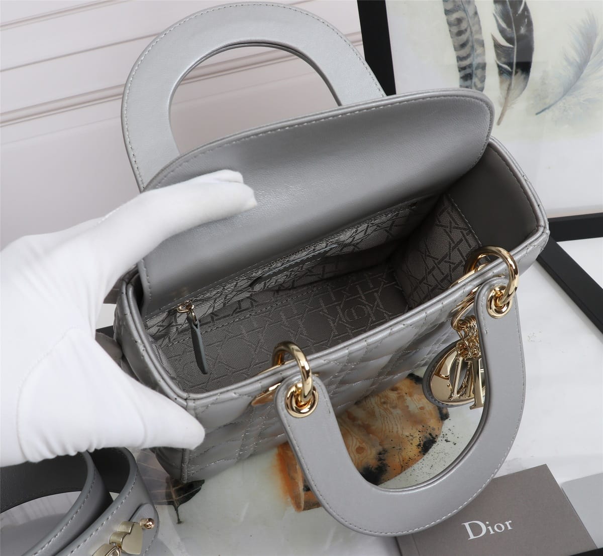 Dior Small Lady Dior Bag in Cannage Lambskin - Stone Gray