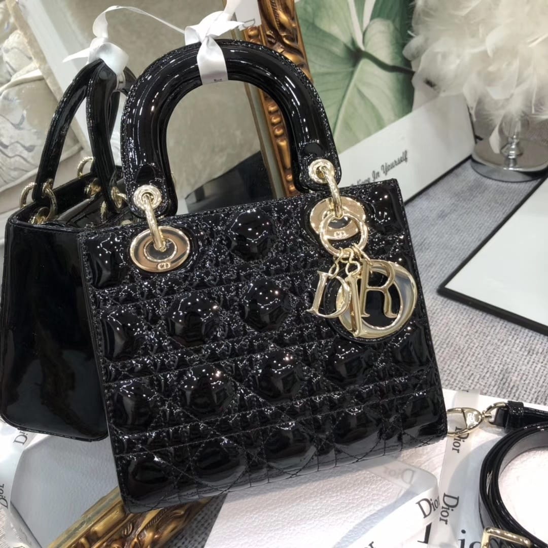 Dior Small Lady Dior Bag in Patent Cannage Calfskin - Black 