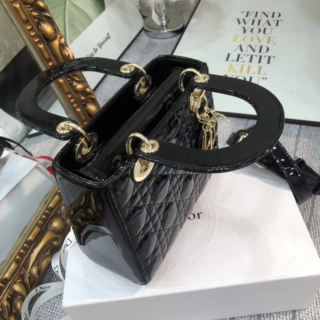 Dior Small Lady Dior Bag in Patent Cannage Calfskin - Black 