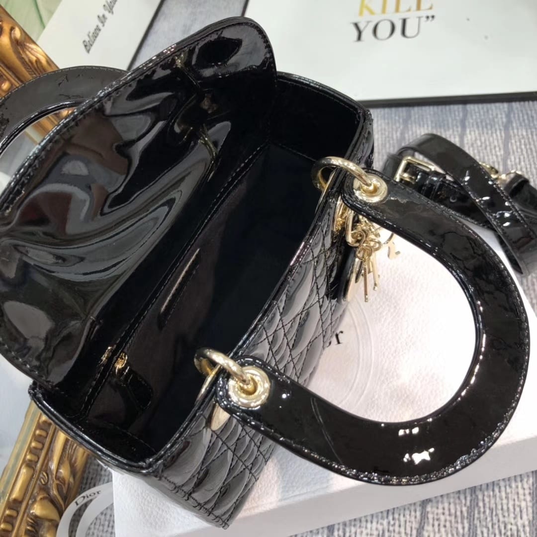 Dior Small Lady Dior Bag in Patent Cannage Calfskin - Black 