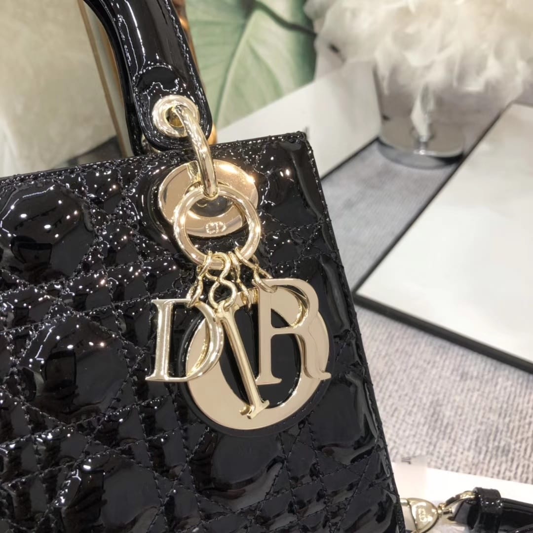 Dior Small Lady Dior Bag in Patent Cannage Calfskin - Black 