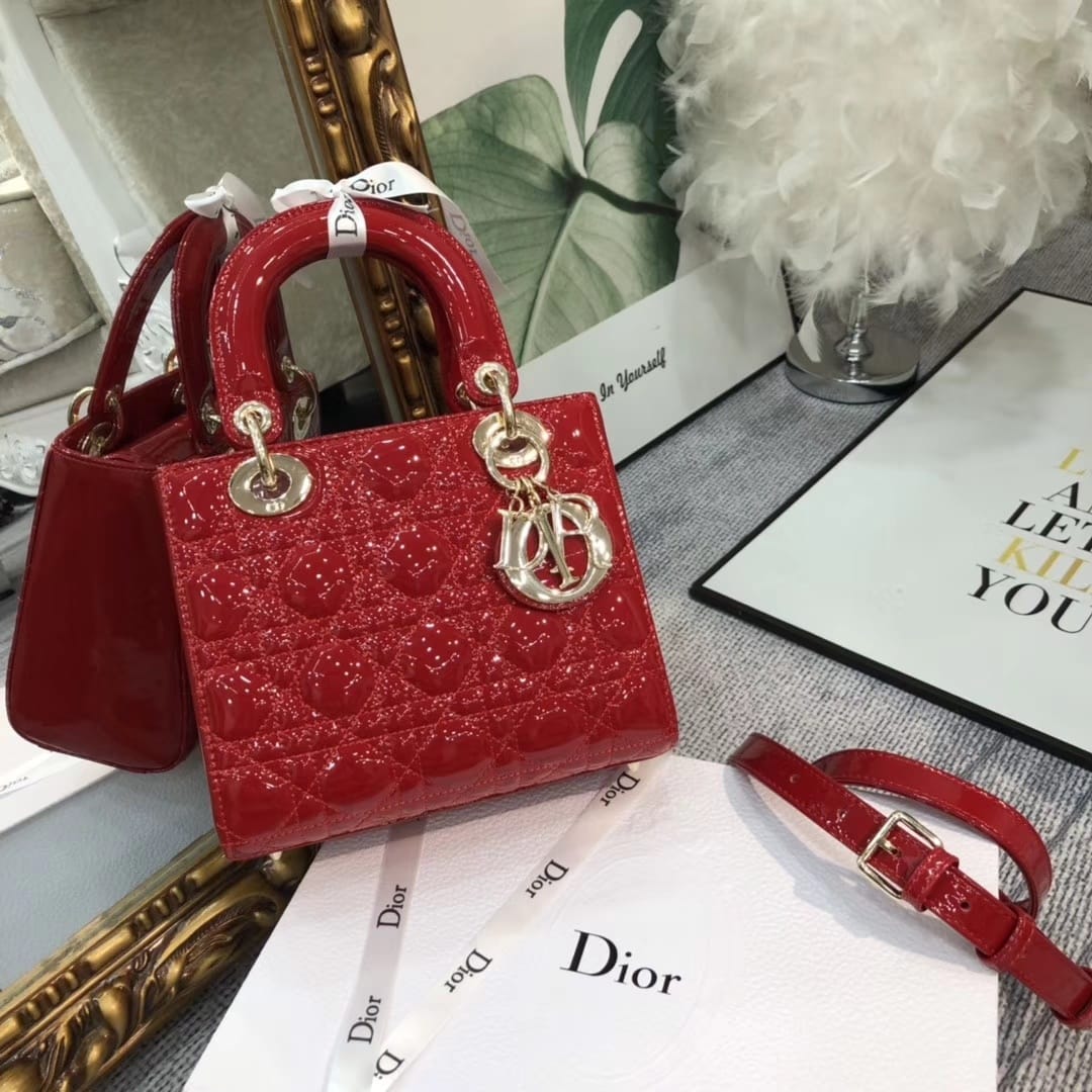 Dior Small Lady Dior Bag in Patent Cannage Calfskin - GW-Cherry Red