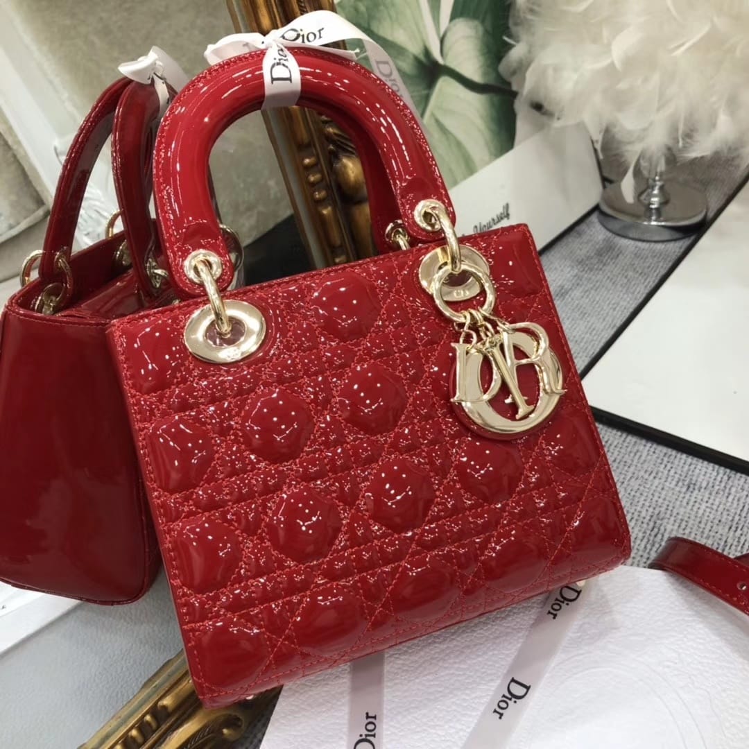 Dior Small Lady Dior Bag in Patent Cannage Calfskin - GW-Cherry Red