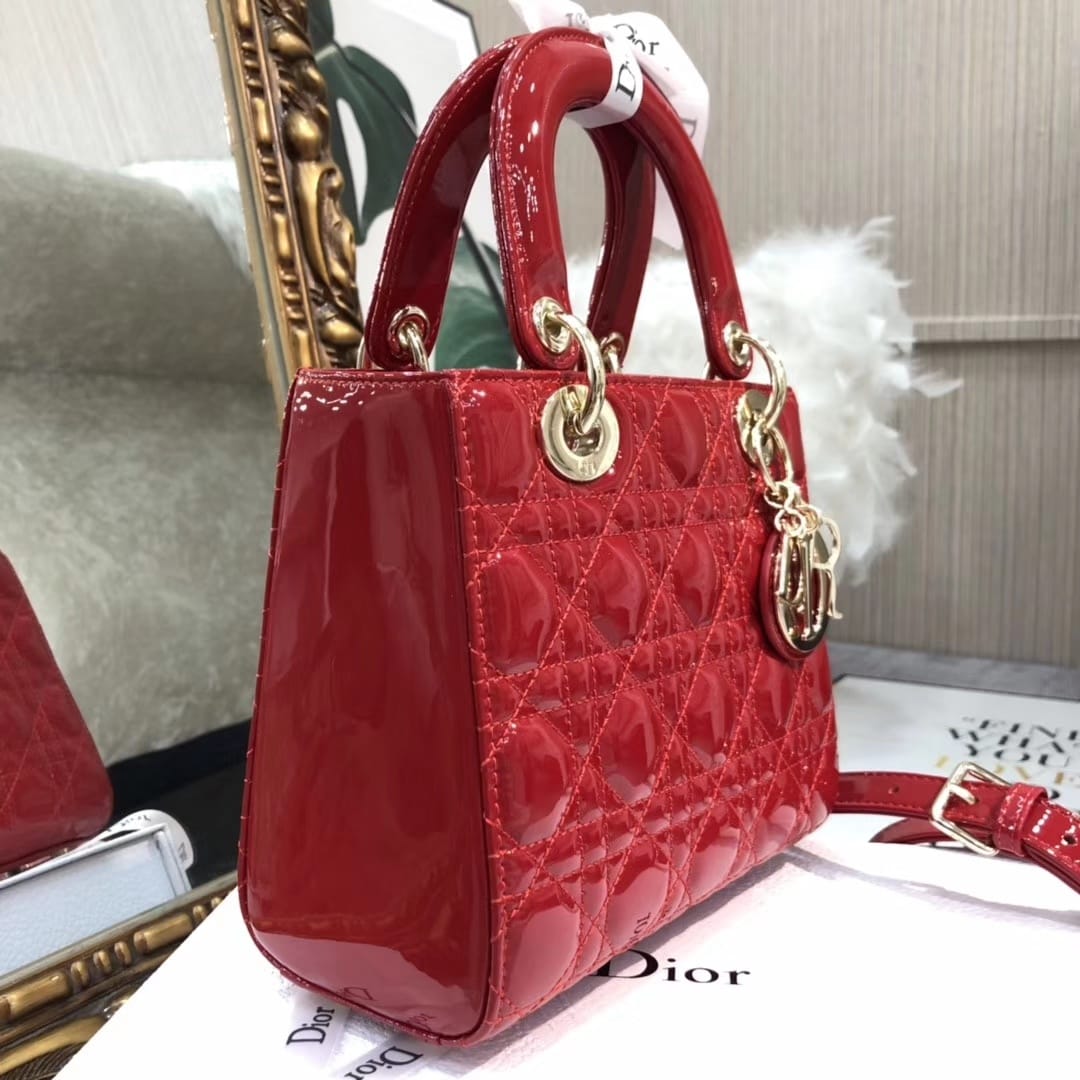 Dior Small Lady Dior Bag in Patent Cannage Calfskin - GW-Cherry Red