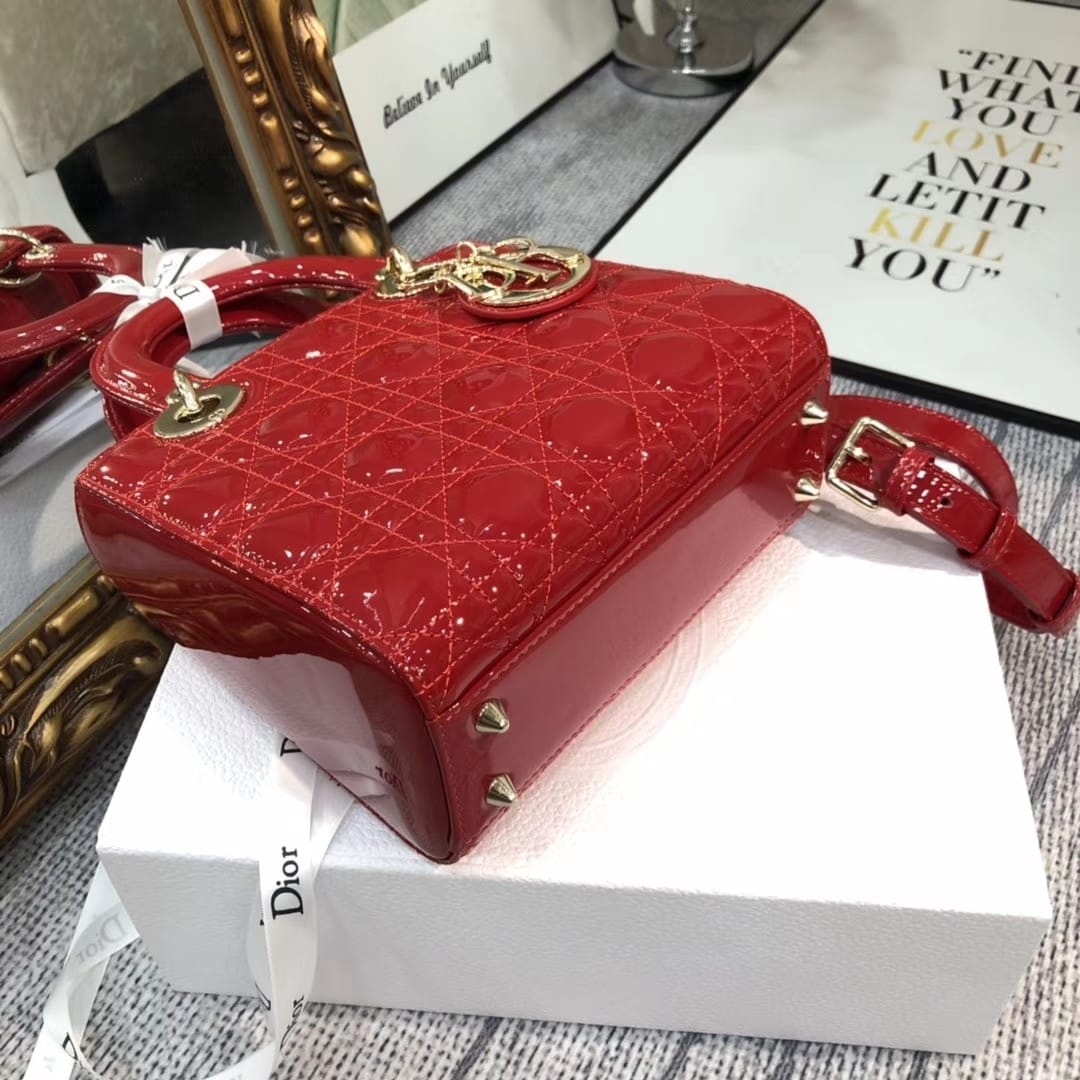 Dior Small Lady Dior Bag in Patent Cannage Calfskin - GW-Cherry Red