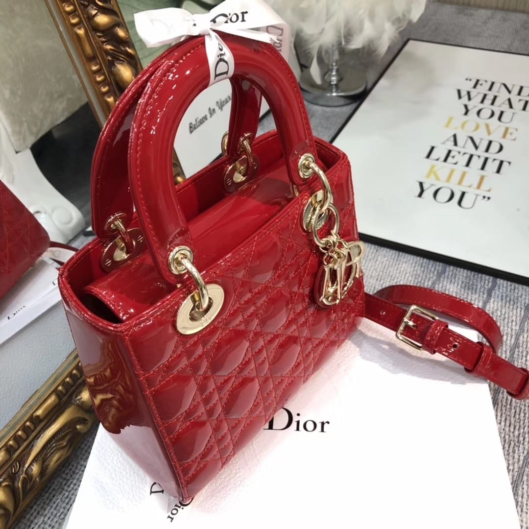 Dior Small Lady Dior Bag in Patent Cannage Calfskin - GW-Cherry Red