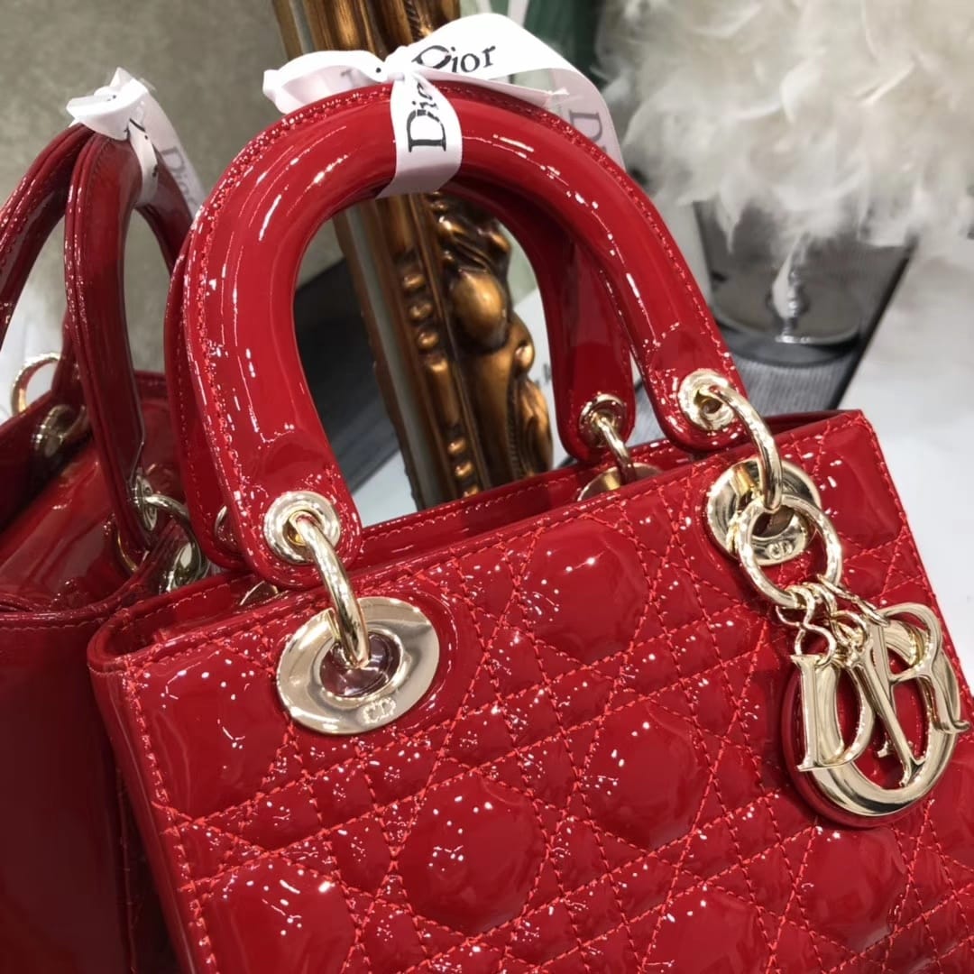 Dior Small Lady Dior Bag in Patent Cannage Calfskin - GW-Cherry Red