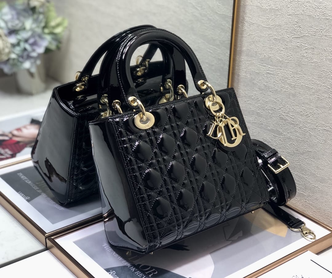 Dior Medium Lady Dior Bag in Patent Cannage Calfskin - Black