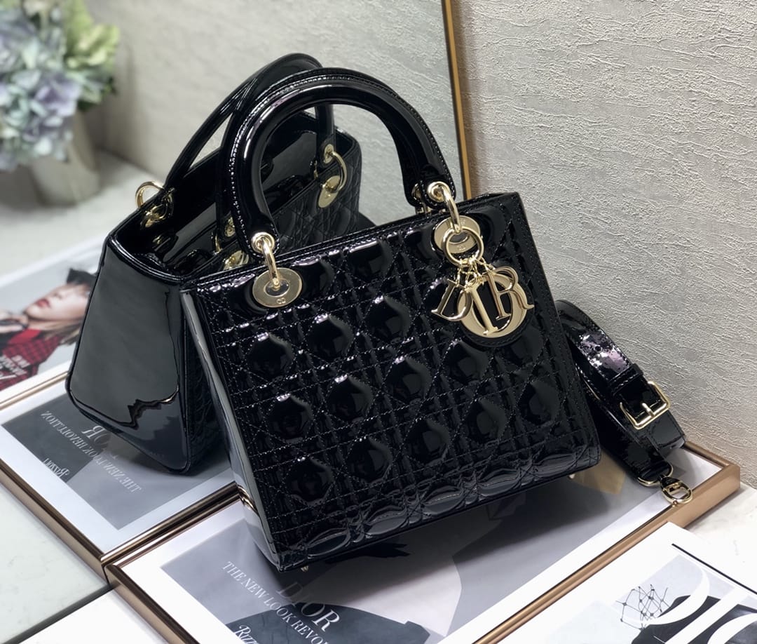 Dior Medium Lady Dior Bag in Patent Cannage Calfskin - Black