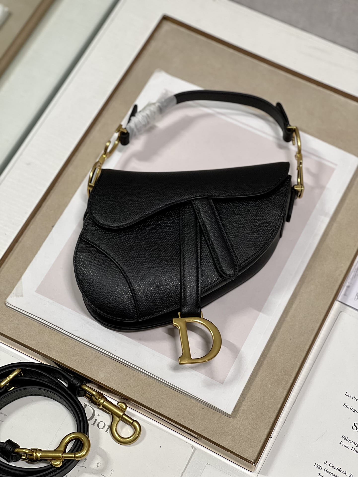 Dior Mini Saddle Bag with Strap in Grained Calfskin - Black